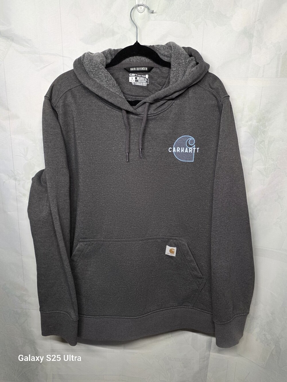 Carhartt Woman Rain Defender Dark Gray Hooded Pullover with Light Blue Logo